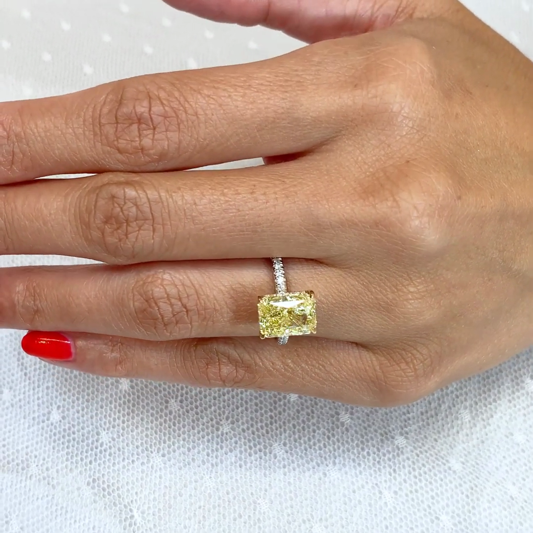 Radiant 3.90tcw Fancy Yellow Lab Diamond Ring | Two-Tone | Hidden Halo | IGI Certified