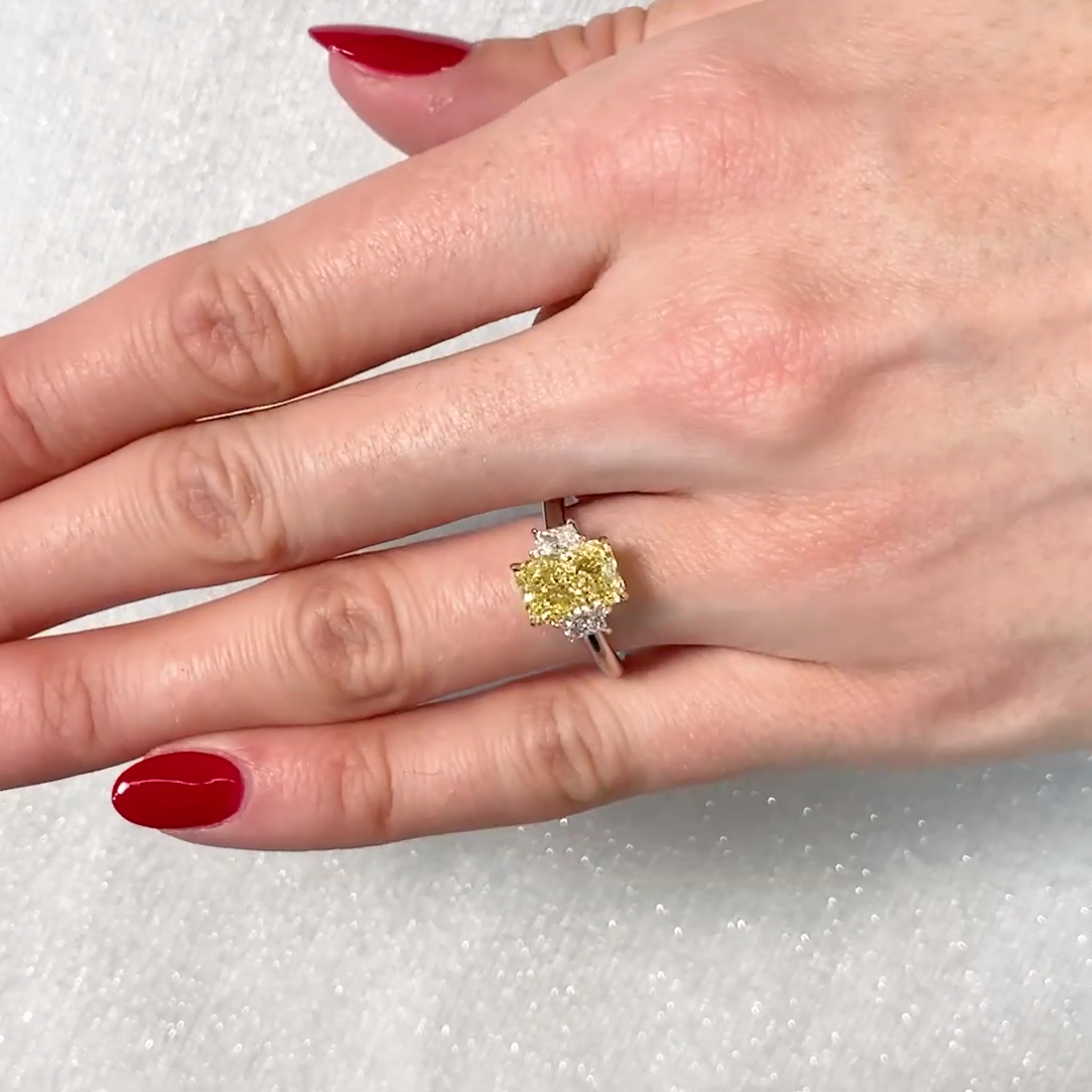 Radiant 2.50tcw Fancy Yellow Lab Diamond Ring | Three Stone | IGI Certified | VVS–VS