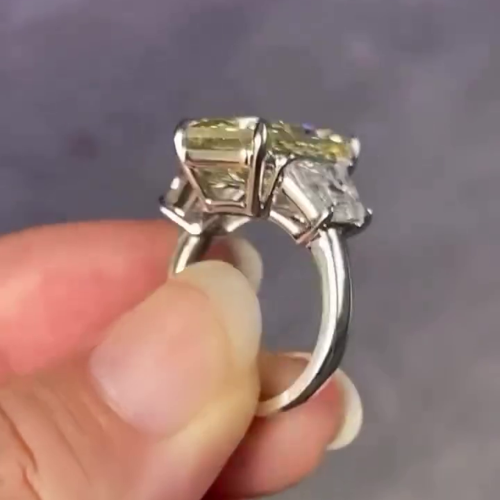 12.50tcw Fancy Yellow Radiant Lab Grown Diamond Ring | 2.5ct Trapezoid Side Stones | Three Stone Engagement Ring | White Gold | IGI Certified