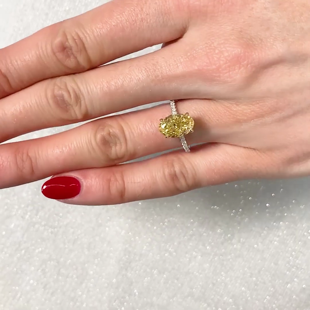 Oval Fancy Yellow 2.90tcw Lab Diamond Hidden Halo Ring | Two-Tone | IGI Certified