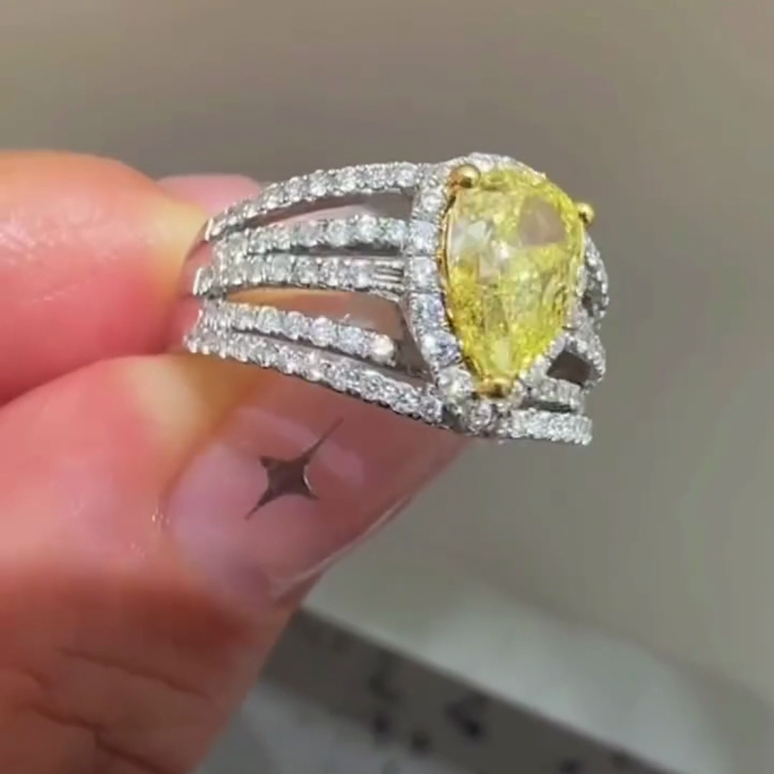 Fancy Yellow 3.00tcw Pear-Shaped Lab Diamond Engagement Ring | Pavé Split Shank