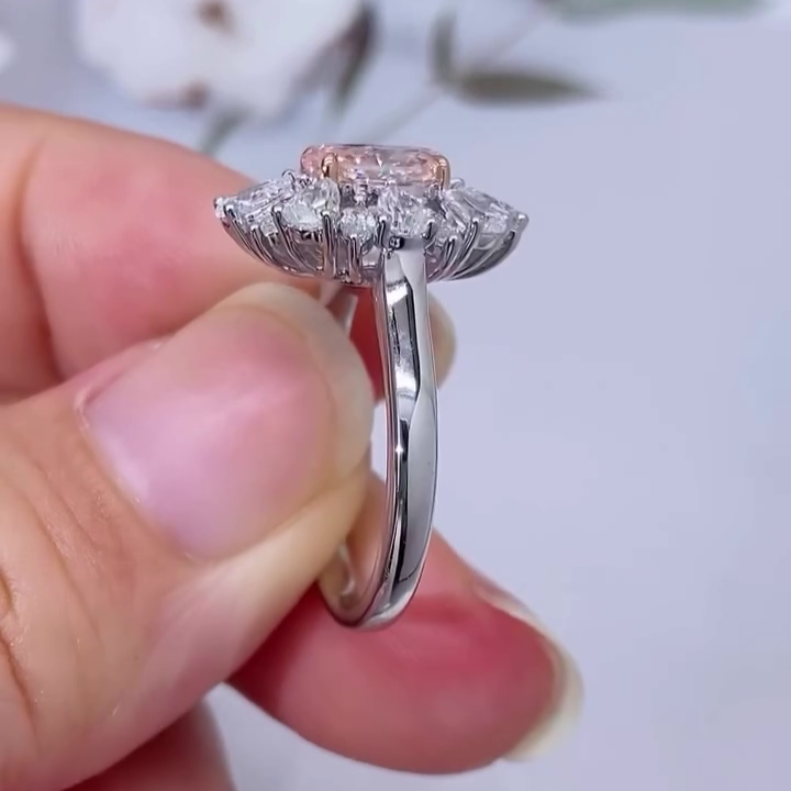 Fancy Pink Oval 2.70ct Lab Grown Diamond Engagement Ring | Double Halo And Side Stones | VVS-VS Clarity | IGI Certified