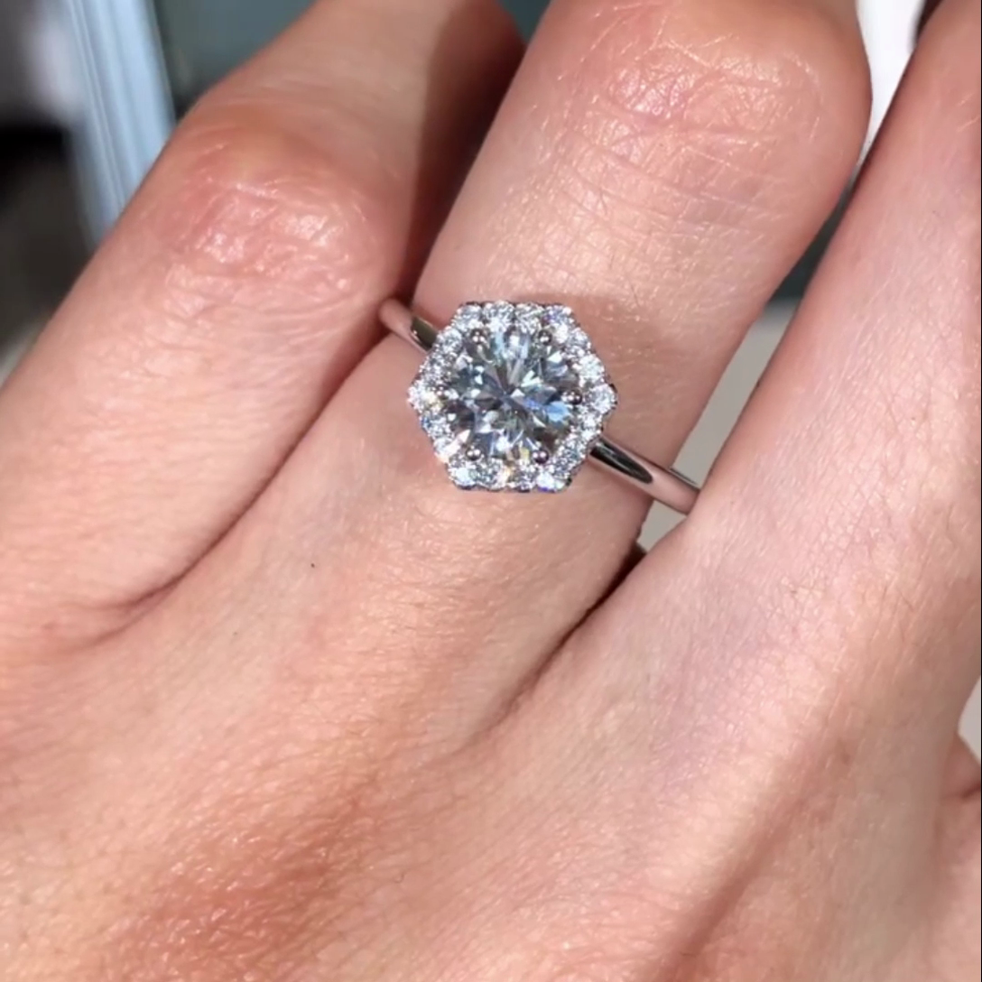 Round 2.60tcw Lab Diamond Hexagon Halo Engagement Ring | 2ct Center | IGI Certified