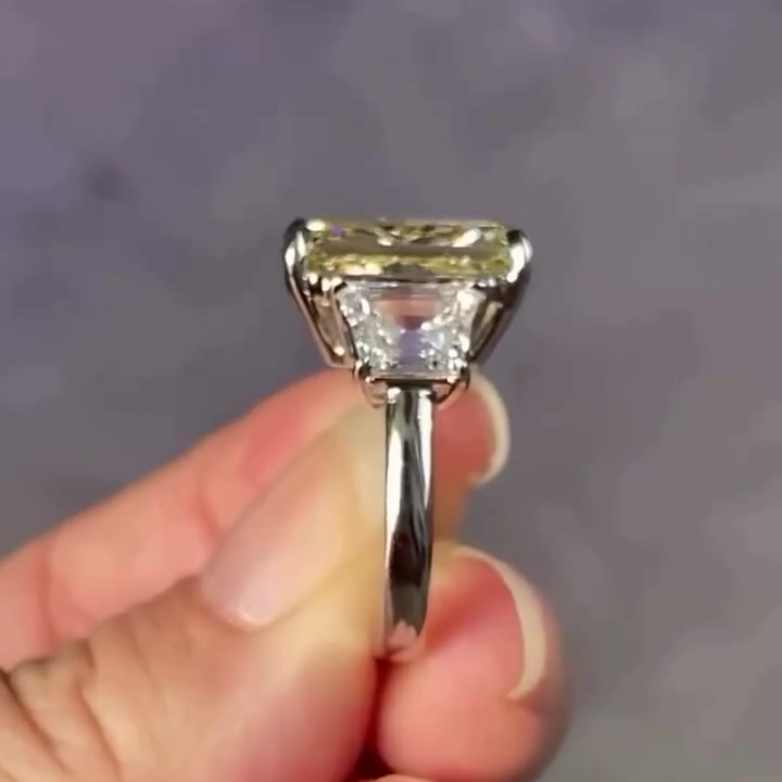 12.50tcw Fancy Yellow Radiant Lab Grown Diamond Ring | 2.5ct Trapezoid Side Stones | Three Stone Engagement Ring | White Gold | IGI Certified