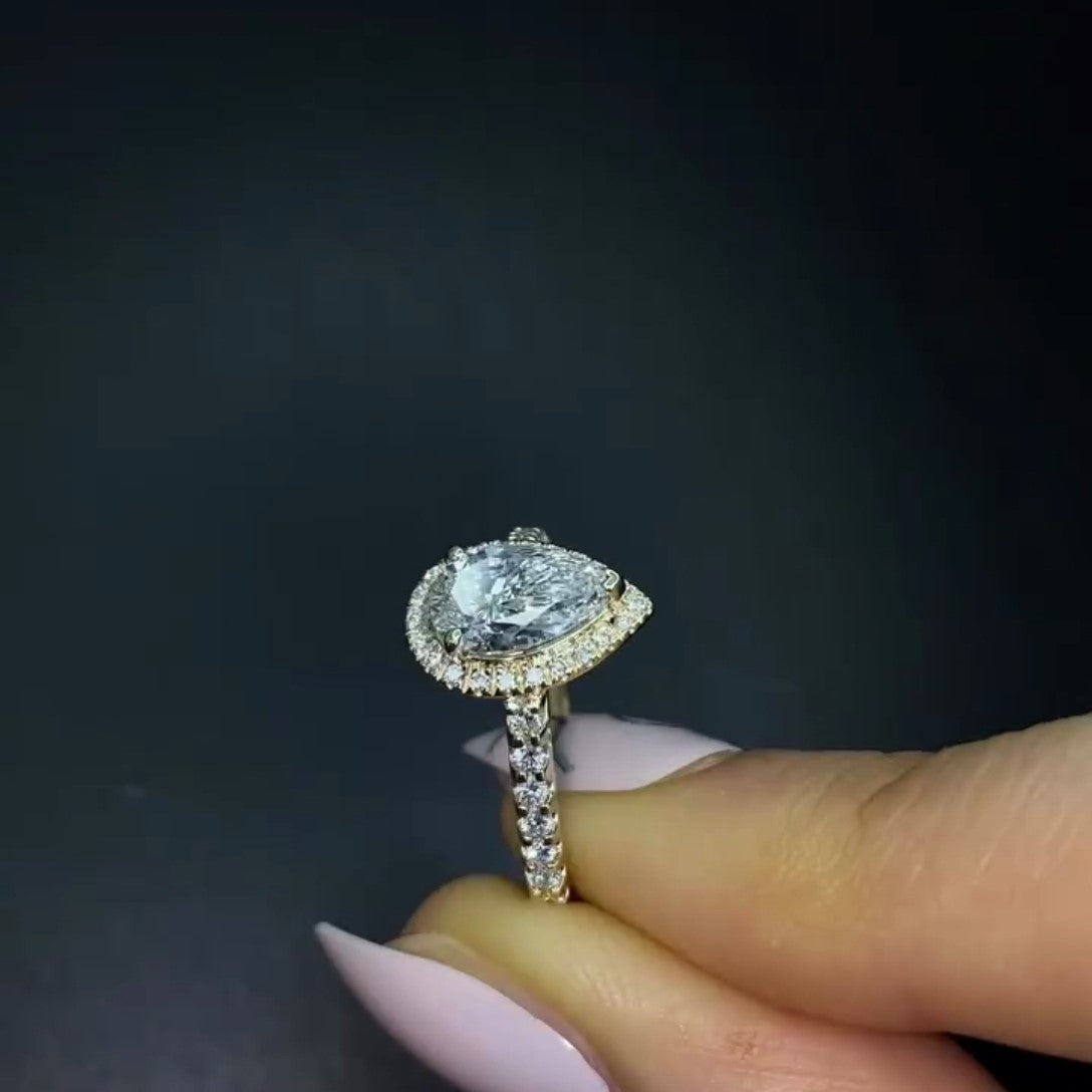 Pear 1.80tcw Lab Diamond Halo Cathedral Ring | IGI Certified | DEF VVS–VS
