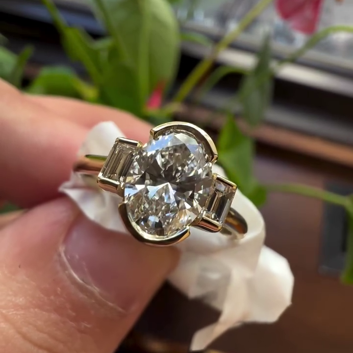 2.90tcw Oval Lab Grown Diamond Three Stone Engagement Ring | Half Bezel | IGI Certified | VVS–VS Clarity