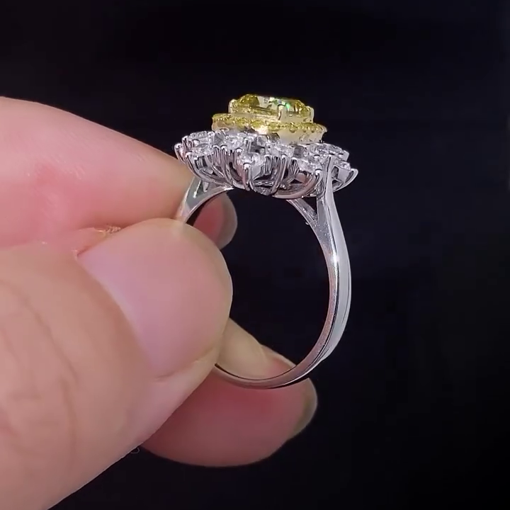 2.30tcw Fancy Yellow Cushion Lab Grown Diamond Double Halo Ring | IGI Certified 1ct Center | Gold Engagement Ring