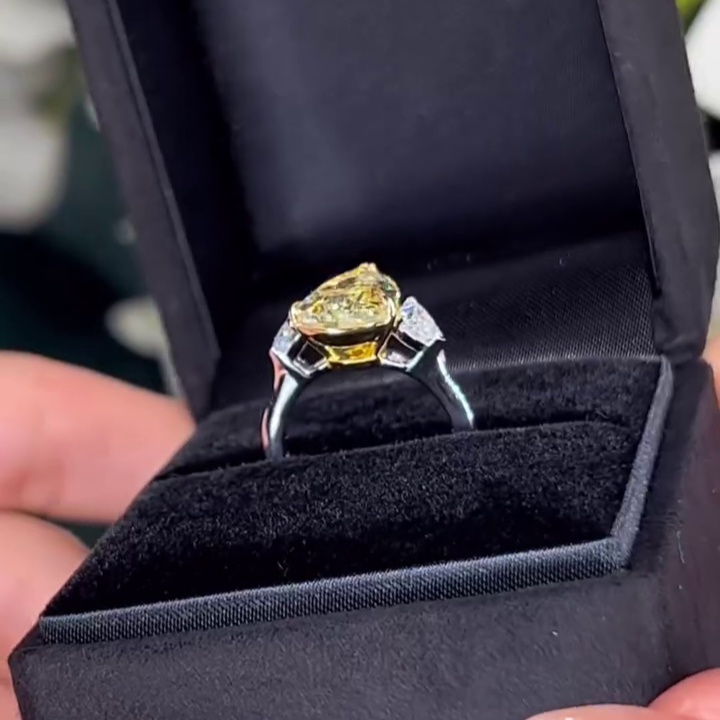 Pear Fancy Yellow 6.00tcw Lab Diamond Two Tone Three Stone Ring | Cathedral Setting | VVS–VS