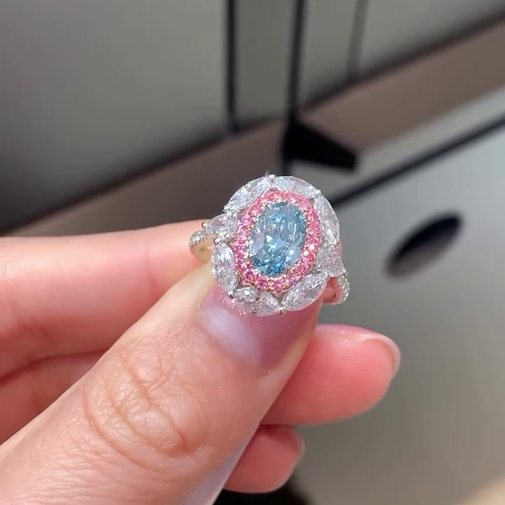 Oval Fancy Blue 3.30tcw Lab Diamond Double Halo Ring | IGI Certified | Pink & Marquise