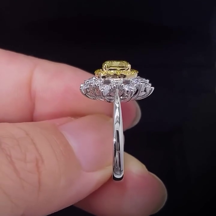 2.30tcw Fancy Yellow Cushion Lab Grown Diamond Double Halo Ring | IGI Certified 1ct Center | Gold Engagement Ring