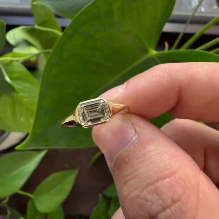 1.00ct Emerald Lab Grown Diamond Bezel Engagement Ring | IGI Certified | Yellow Gold