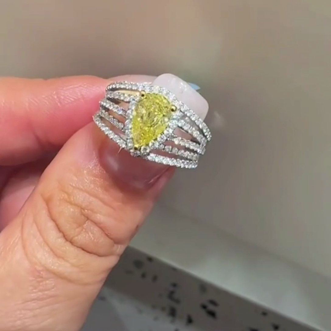 Fancy Yellow 3.00tcw Pear-Shaped Lab Diamond Engagement Ring | Pavé Split Shank