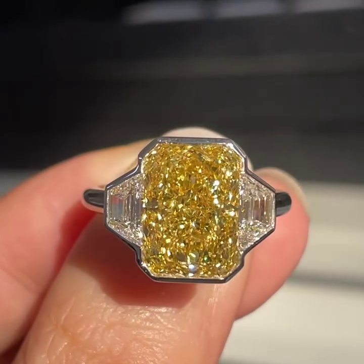 Fancy Yellow Radiant Cut 8.00tcw Lab Grown Diamond Ring | 2.00ct Baguette Side Stones | IGI Certified | Three Stone Ring  | White Gold Ring