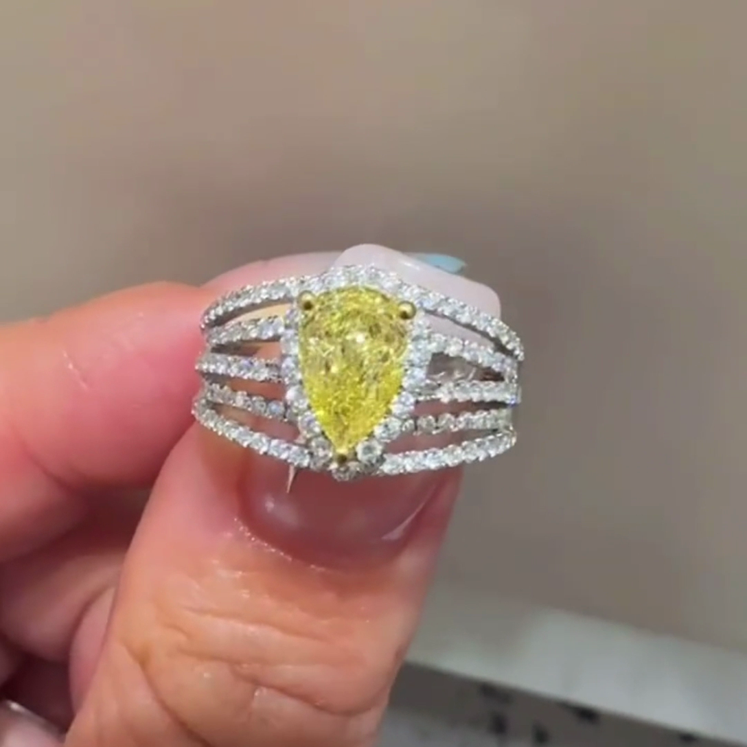 Fancy Yellow 3.00tcw Pear-Shaped Lab Diamond Engagement Ring | Pavé Split Shank