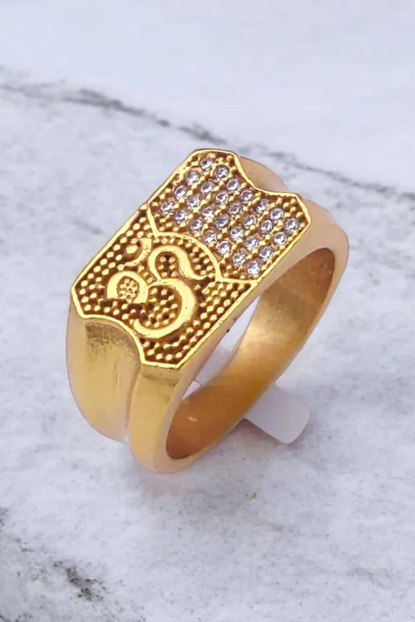 Trendy Om Design Gold Plated Diamond Finger Ring For men & Boys