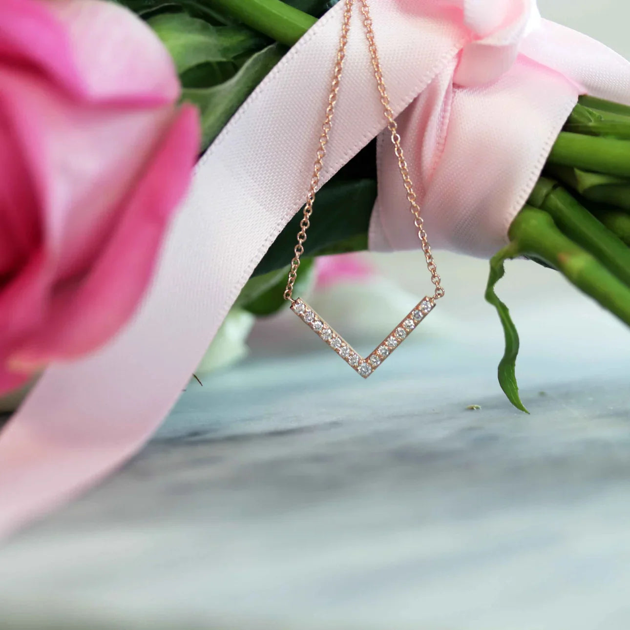 Round Lab Grown Diamond V Necklace, EF Color, VS Clarity, IGI Certified