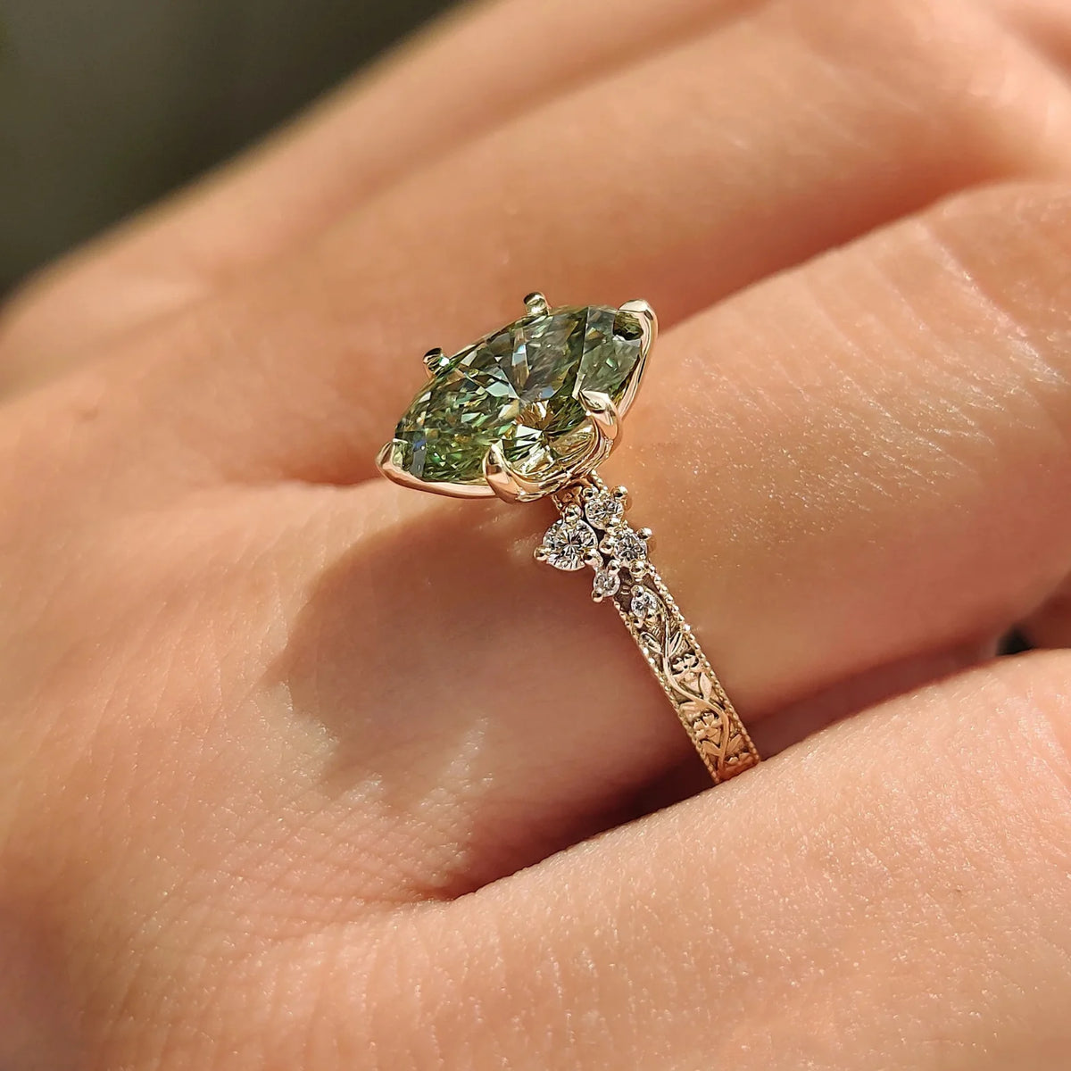 Common :: Green Oval colored diamond ring with 2MM band