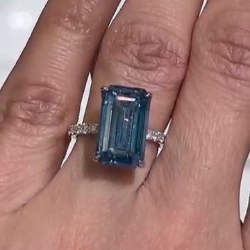 Fancy Blue 6.30tcw Emerald Lab Diamond Ring | 0.30ct Side Stones With Hidden Halo | IGI Certified