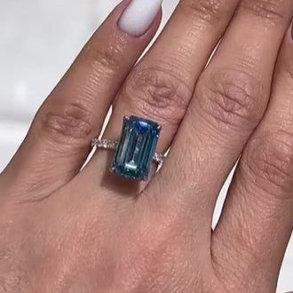 Fancy Blue 6.30tcw Emerald Lab Diamond Ring | 0.30ct Side Stones With Hidden Halo | IGI Certified