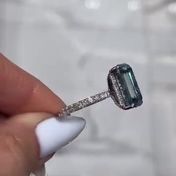 Fancy Blue 6.30tcw Emerald Lab Diamond Ring | 0.30ct Side Stones With Hidden Halo | IGI Certified