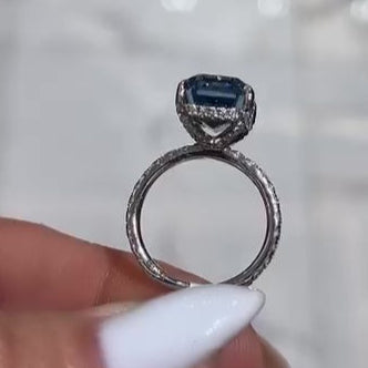 Fancy Blue 6.30tcw Emerald Lab Diamond Ring | 0.30ct Side Stones With Hidden Halo | IGI Certified
