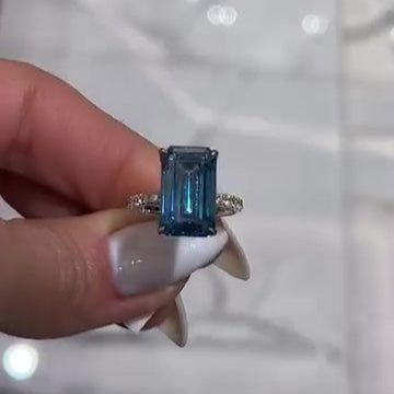 Fancy Blue 6.30tcw Emerald Lab Diamond Ring | 0.30ct Side Stones With Hidden Halo | IGI Certified