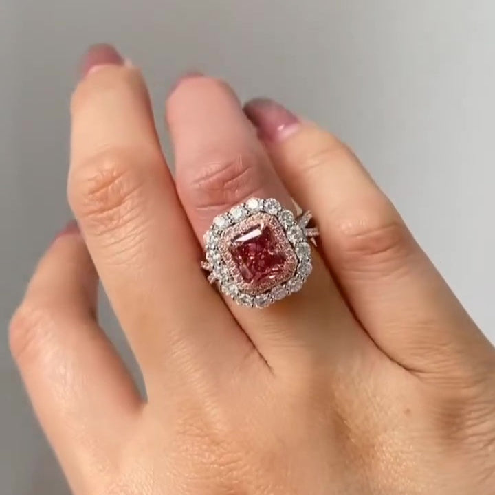 Fancy Pink 3.50tcw Radiant Lab Diamond Ring | Double Halo Sparkle | IGI Certified | Split Shank Design