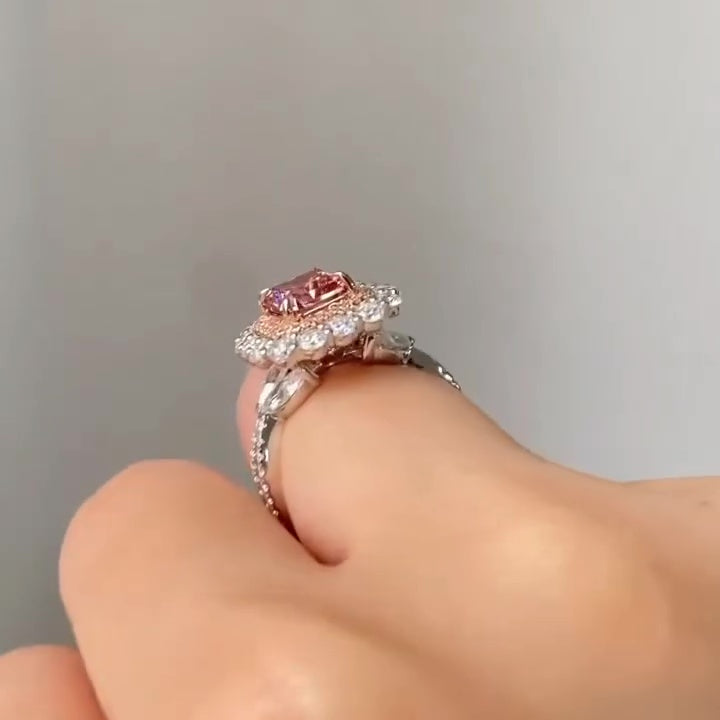 Fancy Pink 3.50tcw Radiant Lab Diamond Ring | Double Halo Sparkle | IGI Certified | Split Shank Design