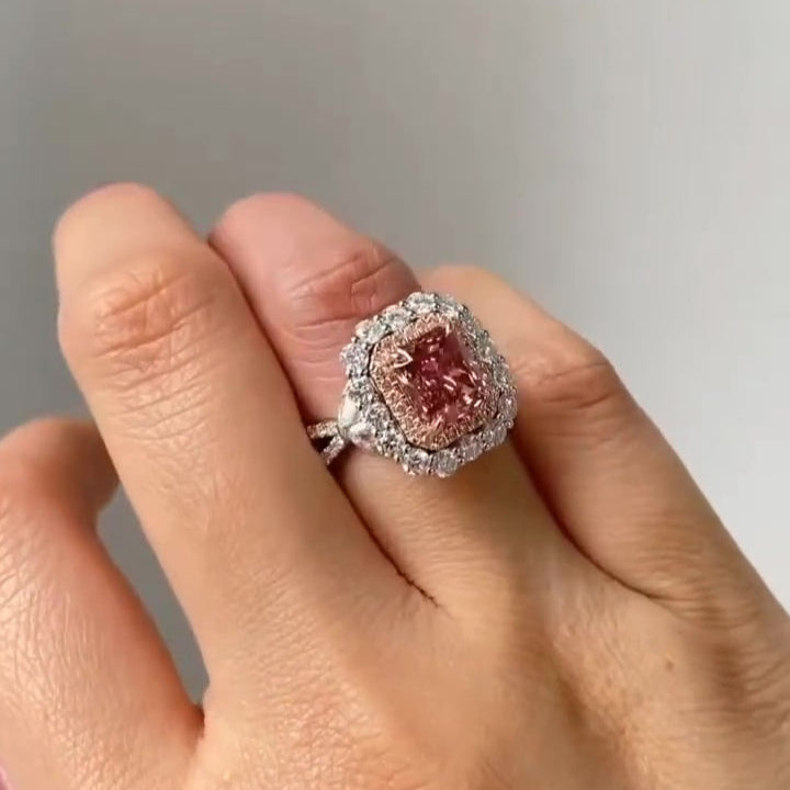 Fancy Pink 3.50tcw Radiant Lab Diamond Ring | Double Halo Sparkle | IGI Certified | Split Shank Design