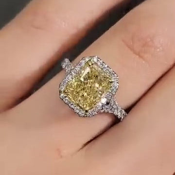 Fancy Yellow 4.00tcw Radiant Lab Diamond Halo Ring | Halo Setting | IGI Certified | VVS–VS Clarity