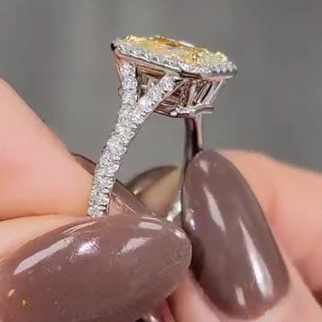 Fancy Yellow 4.00tcw Radiant Lab Diamond Halo Ring | Halo Setting | IGI Certified | VVS–VS Clarity