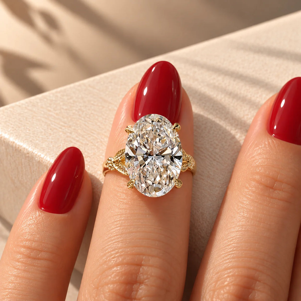 Common :: Oval lab diamond ring with intricate leaf and vine inspired shoulders