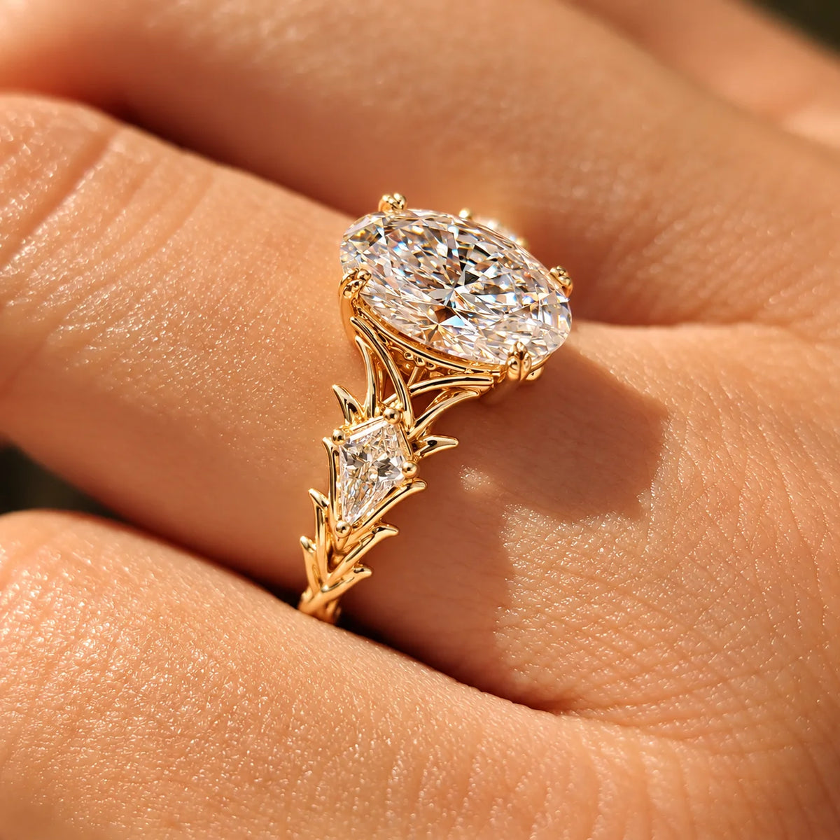 Common :: Oval Three Stone engagement ring with vine inspired gold metalwork