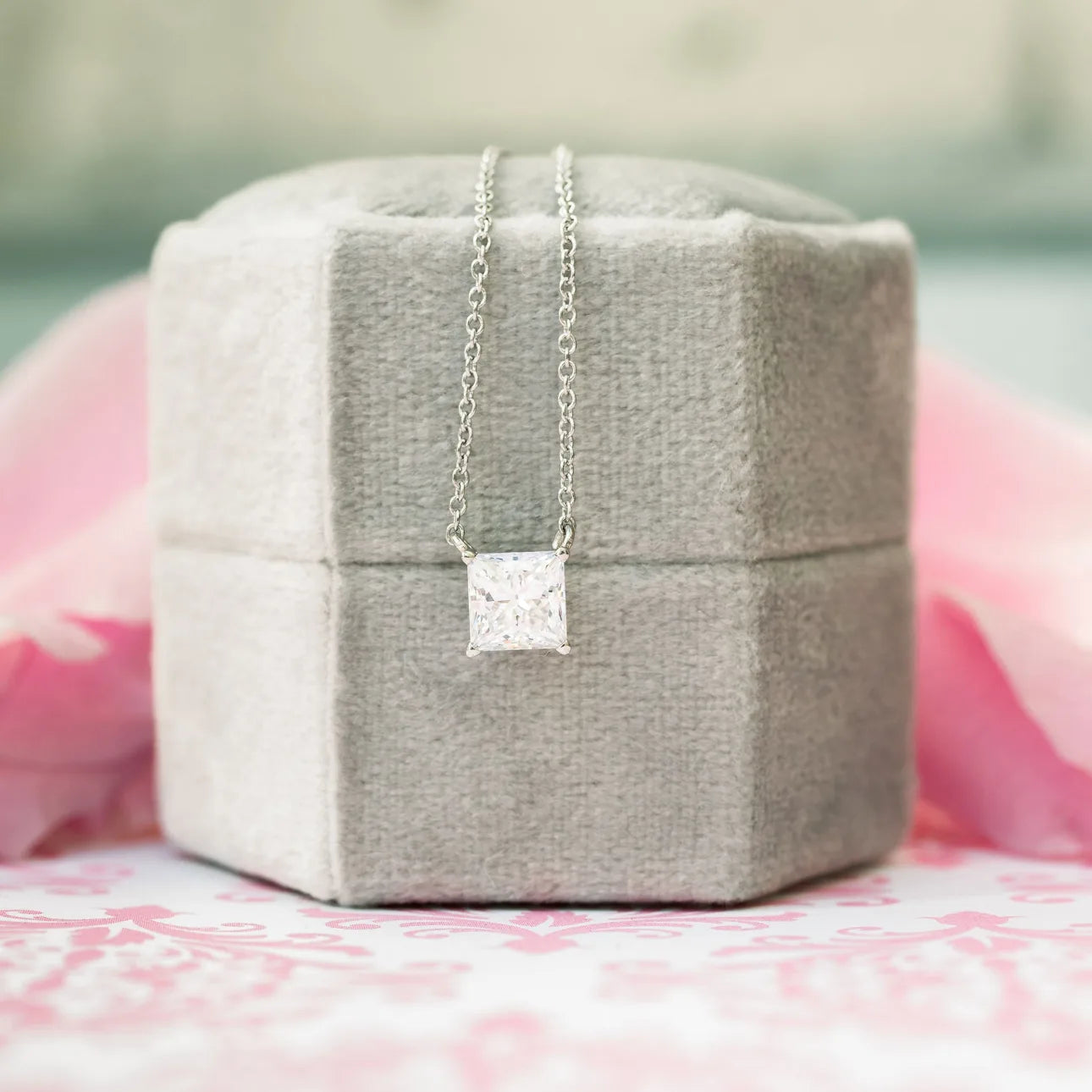 Floating Princess lab Grown Diamond Pendant With Chain, EF Color, VS Clarity