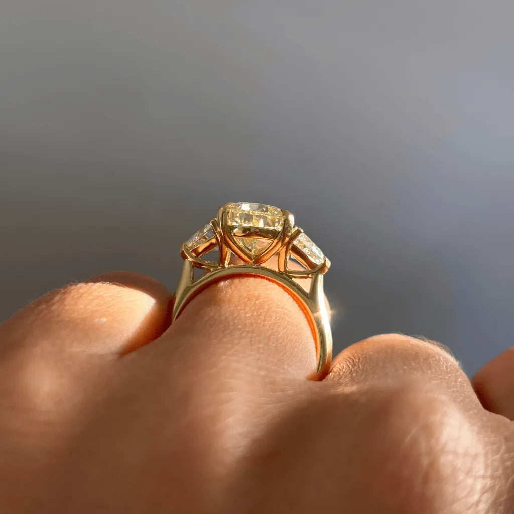 Common :: premium yellow pear three stone lab grown diamond ring bold statement jewelry