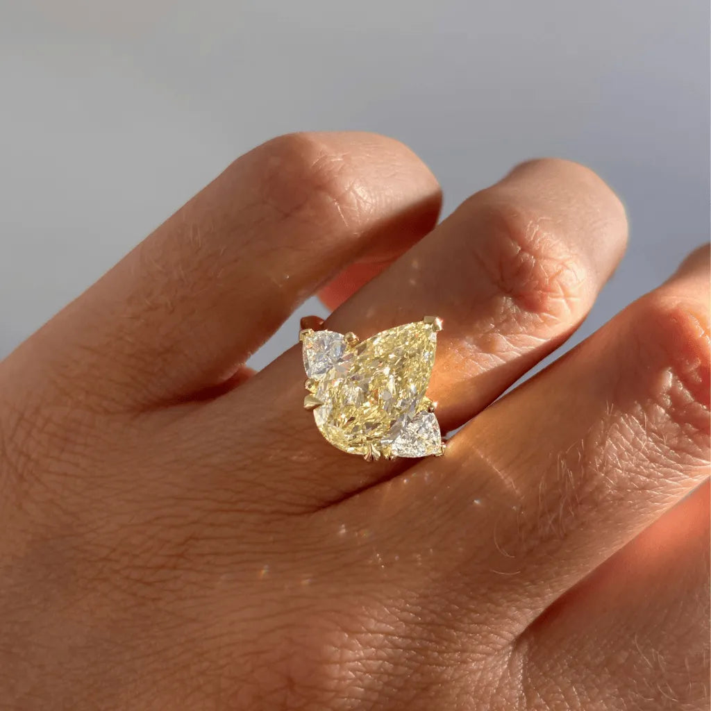 Common :: 5.17ct yellow pear lab grown diamond three stone engagement ring luxury statement ring