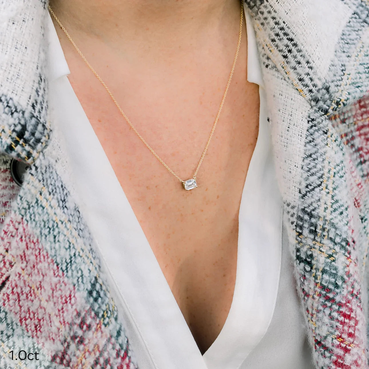 East - West Emerald Lab Grown Diamond Pendant With Chain, EF Color, VS Clarity, IGI Certified