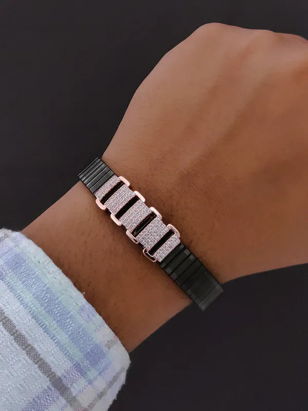 Mens Rose Gold Plated Link Bar Bracelet Black Stretch Band with Dual-Tone