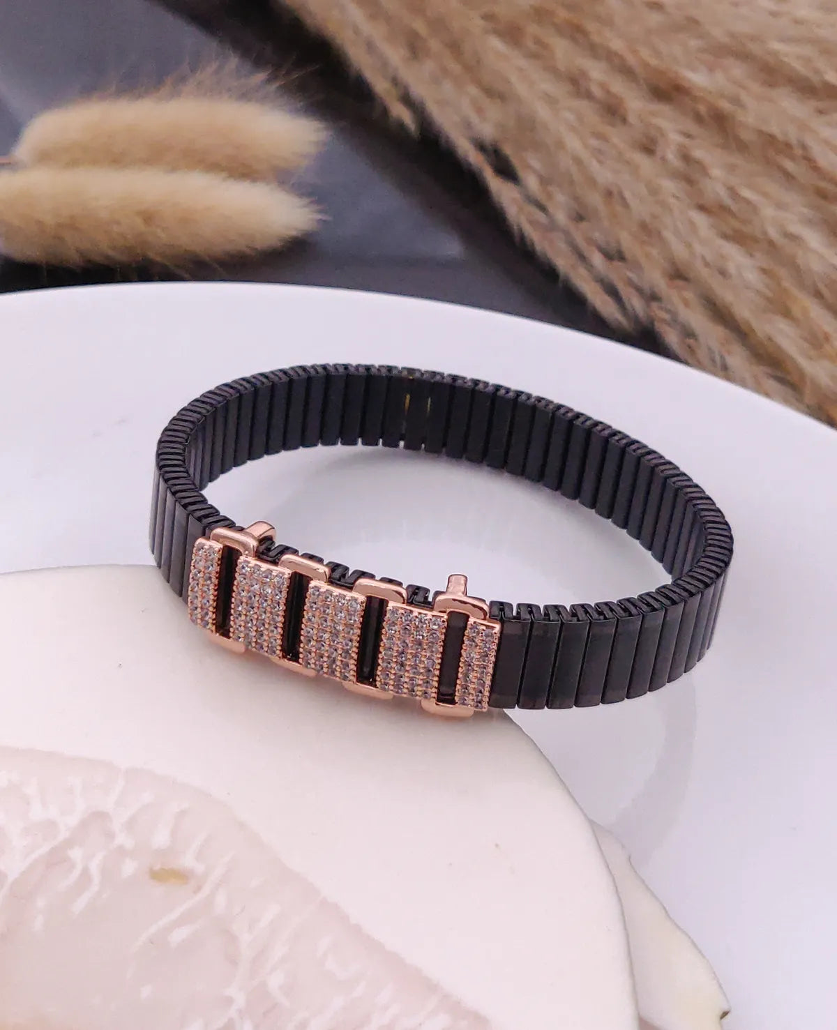 Mens Rose Gold Plated Link Bar Bracelet Black Stretch Band with Dual-Tone