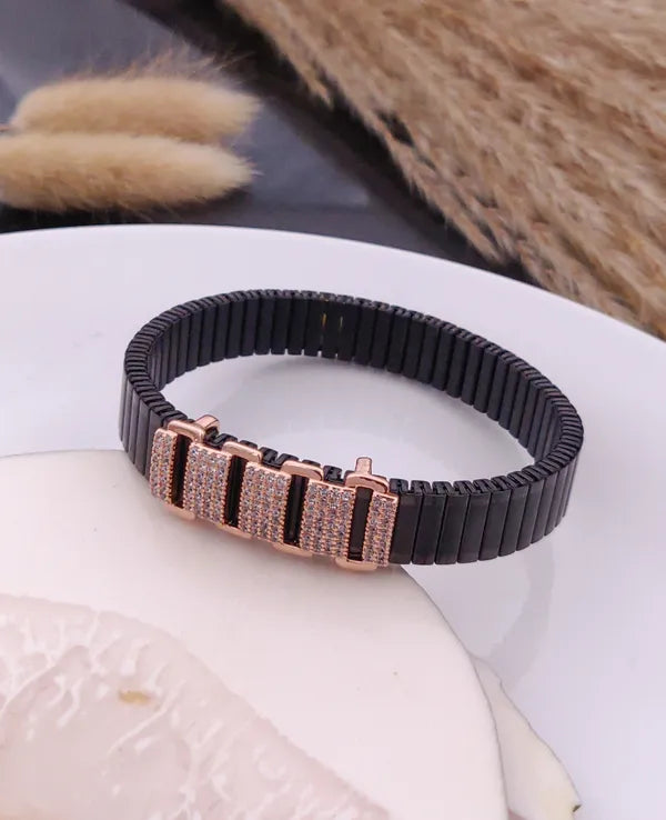 Mens Rose Gold Plated Link Bar Bracelet Black Stretch Band with Dual-Tone
