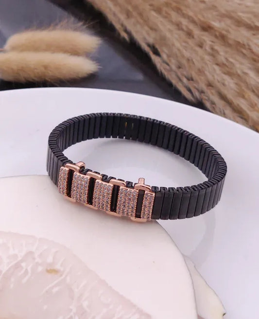 Mens Rose Gold Plated Link Bar Bracelet Black Stretch Band with Dual-Tone